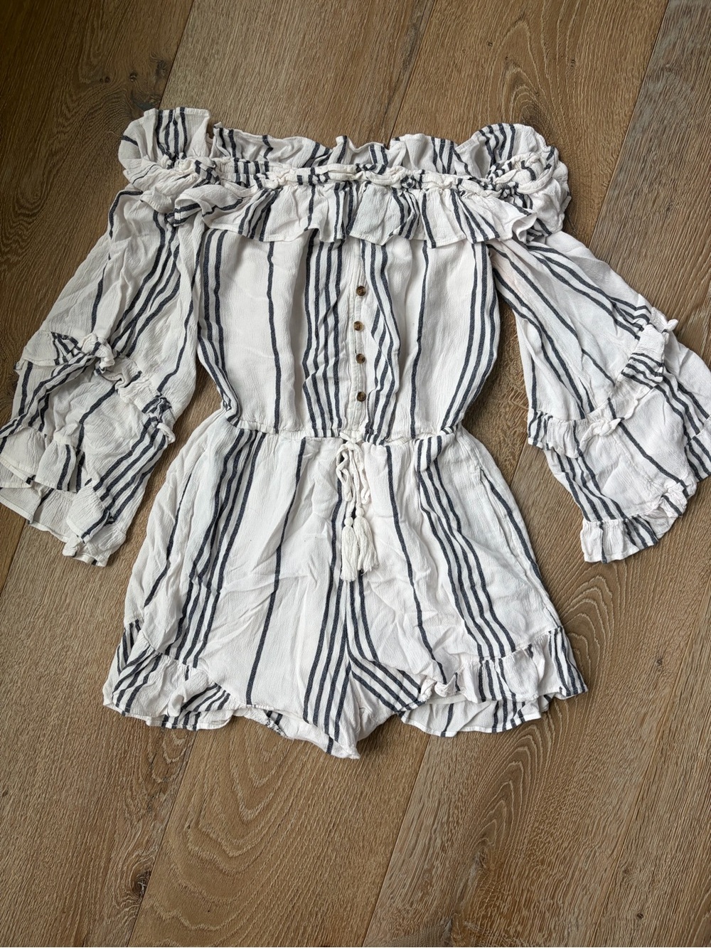 Off-Shoulder Striped Romper in White and Navy